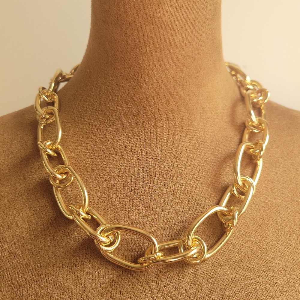 Chunky Gold Tone Oval Link Statement Necklace 18 Inch Adjustable Mob Wifeโ